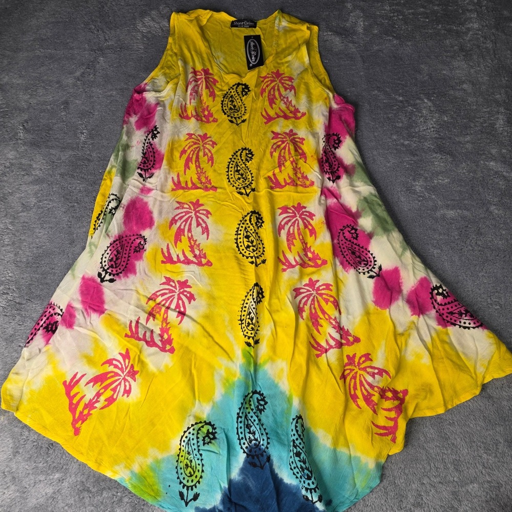 Shore Drive Womens Plus Size Tunic Dress Yellow Tie Dye Paisley Palm Tree U-3004
